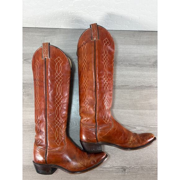 Vintage Wrangler Womens Cowboy Boots Tall Brown Leather Western Knee High Sz 7.5 - Picture 3 of 10